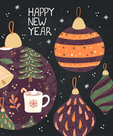 Vector modern Greeting Card with colorful hand draw illustration of Christmas Tree Toys. Use it as invitation, post card, poster, banner, flyer, cover, placard, brochure and other graphic designのイラスト素材