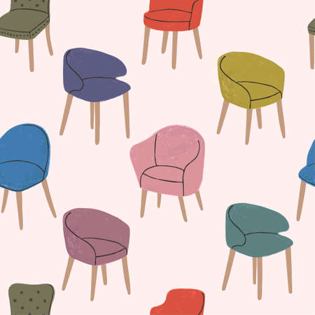 Vector colorful seamless pattern with hand drawn textured illustrations of modern comfortable armchairs. Elements for interior designのイラスト素材