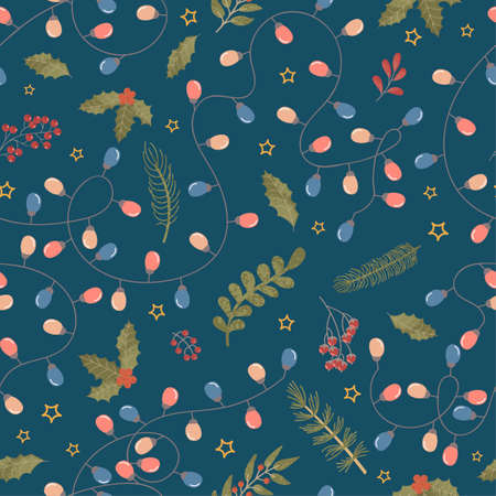 Vector modern seamless pattern with colorful hand draw illustration of Christmas decorations holly. Wallpaper, textile print, fills, web page, surface textures, wrapping paper, design of presentationのイラスト素材