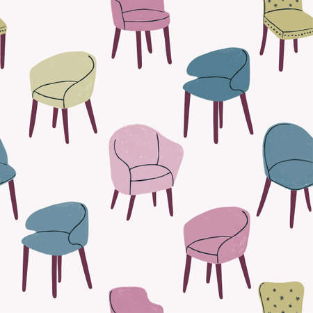 Vector colorful seamless pattern with hand drawn textured illustrations of modern comfortable armchairs. Elements for interior designのイラスト素材