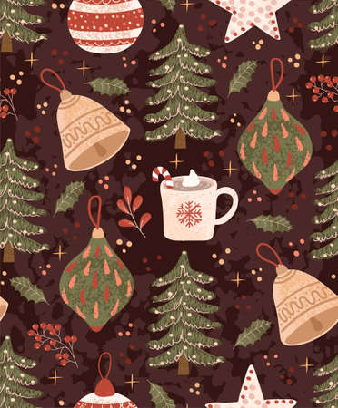 Vector seamless pattern with colorful illustrations of Christmas items. Use it for textile print, pattern fills, web page, wrapping paper, design of presentation and other graphic designのイラスト素材