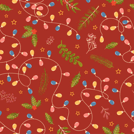 Vector modern seamless pattern with colorful hand draw illustration of Christmas decorations holly. Wallpaper, textile print, fills, web page, surface textures, wrapping paper, design of presentationのイラスト素材