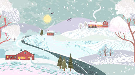 Vector vertical colorful textured illustration of nature winter landscape with a house in the Scandinavian style. Use it as background for poster, postcard, brochure, card, banner, graphic designのイラスト素材