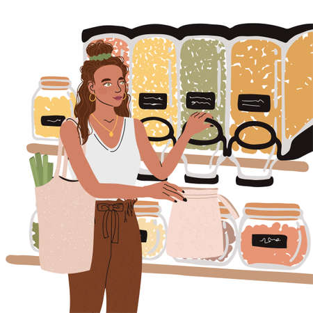 Vector colorful illustration of cute young girl with eco bag buy food in the store or market, trendy dressed on white backgrounds. Zero waste concept.のイラスト素材