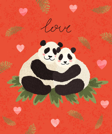 Vector colorful Valentines Day greeting card with cute illustration of panda couple in love. Flyers, invitation, poster, brochure, bannerのイラスト素材