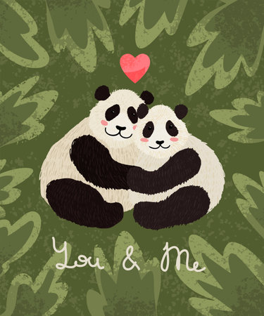 Vector colorful Valentines Day greeting card with cute illustration of panda couple in love. Flyers, invitation, poster, brochure, bannerのイラスト素材