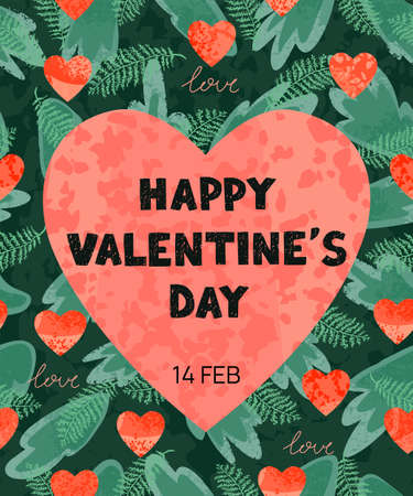 Vector colorful greeting card with floral seamless pattern and illustration of leafs and hearts. Flyers, invitation, poster, brochure, banner. Happy Valentines Dayのイラスト素材