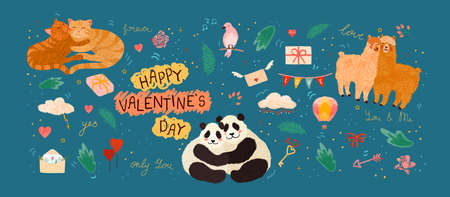 Happy Valentines Day Vector colorful illustration of cute objects and elements for greeting cards. Flyers, invitation, poster, brochure, bannerの写真素材