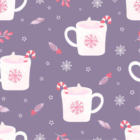 Colorful illustration of Christmas mug with cocoa, cream and a Christmas cane lollipopのイラスト素材