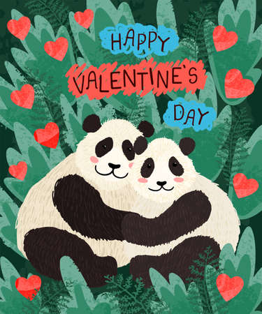 Vector colorful greeting card with cute illustration of panda couple in love. Flyers, invitation, poster, brochure, banner. Happy Valentines Dayのイラスト素材