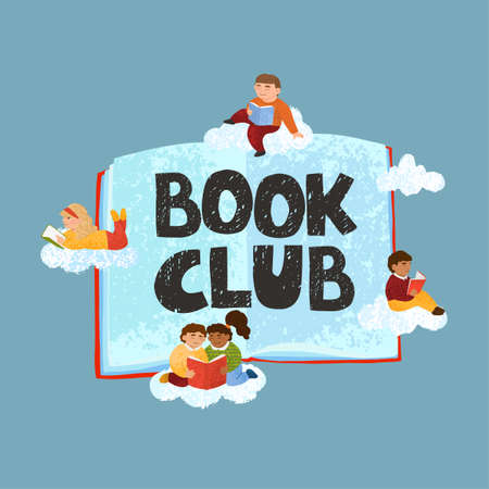 Book club, hand drawn vector lettering. Open book illustration of reading children on clouds with typography isolated on white backgroundのイラスト素材