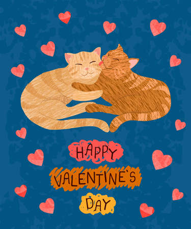 Vector colorful greeting card with cute illustration of couple of cats in love. Flyers, invitation, poster, brochure, banner. Happy Valentines Dayのイラスト素材