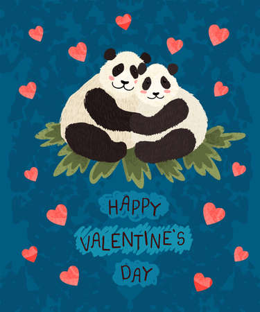 Vector colorful greeting card with cute illustration of panda couple in love. Flyers, invitation, poster, brochure, banner. Happy Valentines Dayのイラスト素材