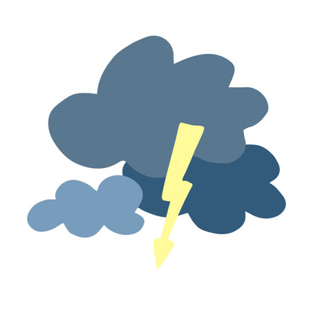 Vector colorful illustration of three thunderclouds with lightning isolated on white backgroundのイラスト素材