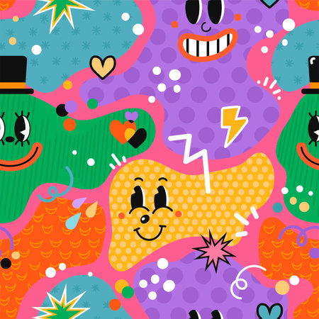 Vector colorful seamless pattern with hand drawn abstract comic funny cute characters in psychodelic cartoon style. Use it for wallpaper, textile print, pattern fills, surface textures, wrapping paperのイラスト素材