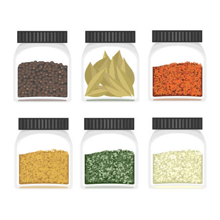 Vector colorful set with illustrations of different spices on bottleのイラスト素材