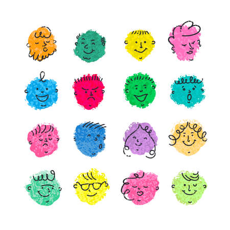 Vector colorful set with crayon illustrations of different comic faces with various emotions in cartoon style. Textured flat design elements for greeting cards, poster, web page, printsのイラスト素材