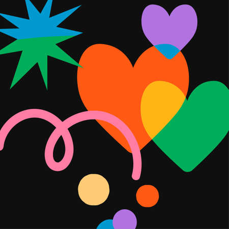 Vector abstract doodle illustration with bright color shape of heart, splash, spots. love. Use it for design of invitation, greeting card, posters, banners, presentationのイラスト素材
