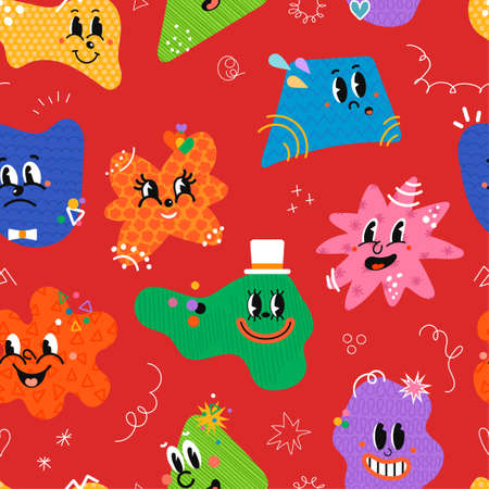 Vector Colorful Seamless Background with Illustrations of different funny comic characters with faces for wallpaper, textile print, pattern fills, surface textures, wrapping paper, presentation designのイラスト素材