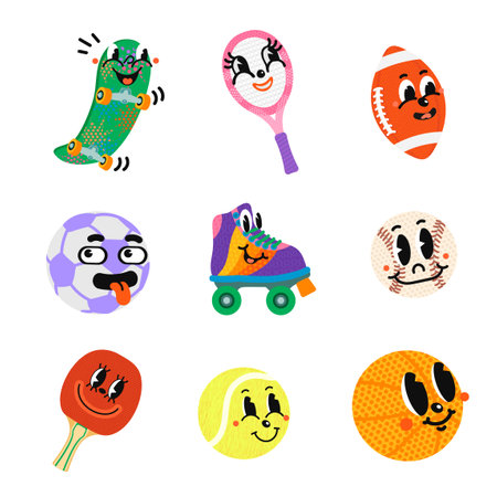 Vector colorful Illustration set Sport Equipments with smily face isolated on white background. Funny comic book characters. For your design of wallpaper, t-shirt print, graphic printのイラスト素材