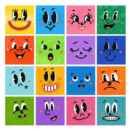 Vector Colorful Set of Illustrations different emotion face. Funny comic book characters on square posters. Bright cartoon-styled elements for your design of wallpaper, t-shirt print, graphic printのイラスト素材