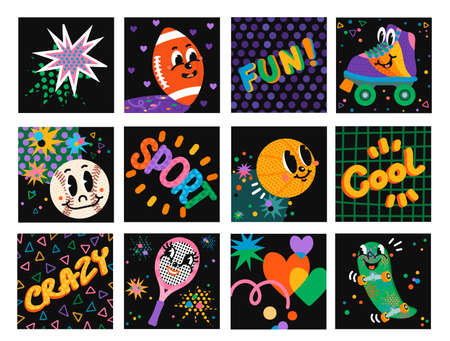 Vector colorful Illustration set Sport Equipments with smily face on abstract background. Funny comic book characters on square posters. For your design of wallpaper, t-shirt print, graphic printのイラスト素材