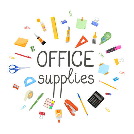Vector colorful banner with illustrations of office supplies and hand drawn letteringのイラスト素材