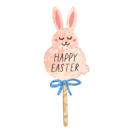 Vector Colorful Illustration of Bunny and Hand Drawn Lettering Happy Easter Isolated on White Backgroundのイラスト素材
