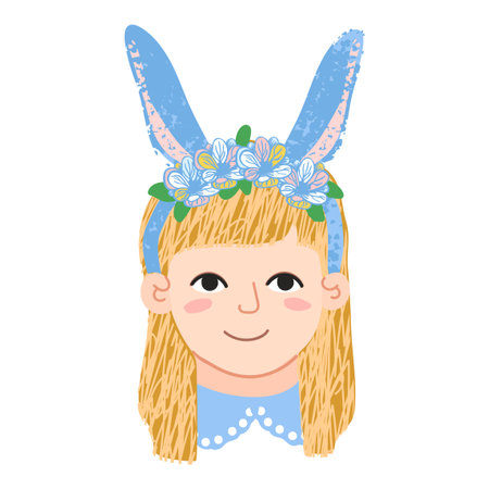Vector Colorful Illustration of Portrait Cute Little Girl with Bunny Ears Isolated on White Backgroundのイラスト素材
