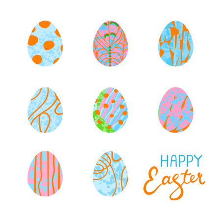 Vector Colorful Greeting Card with Illustration of Easter Eggs and Hand Drawn Littering Happy Easterのイラスト素材