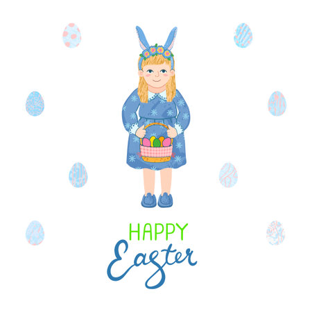 Vector Colorful Greeting Card with Illustration of Cute Little Girl with Egg Basket and Hand Drawn Littering Happy Easterのイラスト素材