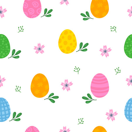 Vector Colorful Seamless Background With Illustrations of Easter Eggs, Flowers and Plants on White Backgroundのイラスト素材