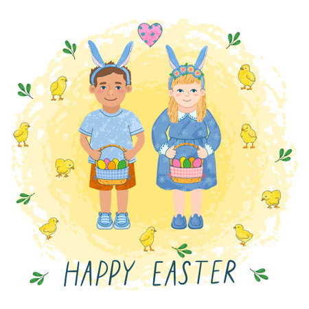 Vector Colorful Greeting Card with Illustration of Cute Little Children with Egg Basket and Hand Drawn Littering Happy Easterのイラスト素材