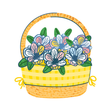 Vector Colorful Illustration of Basket with Flowers Isolated on White Backgroundのイラスト素材