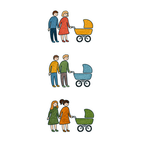 Vector Colorful Illustration Set of Different Family with Newborn baby in Stroller Isolated on White Backgroundのイラスト素材