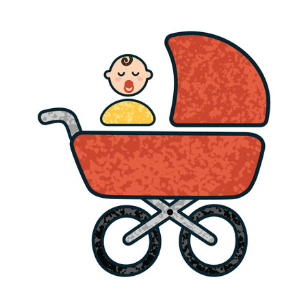 Vector Colorful Textured Illustration of Newborn in a Stroller Isolated on White Backgroundのイラスト素材