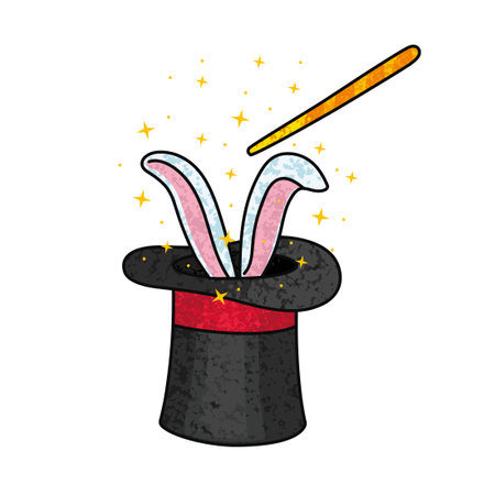 Vector Colorful Textured Illustration of Magician Hat with Rabbit Ears Isolated on White Backgroundのイラスト素材