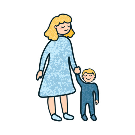 Vector Colorful Cartoon Illustration of a Woman with a Son Isolated on White Backgroundのイラスト素材