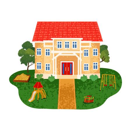 Vector Colorful Cartoon Illustration of a Kindergarten Building Isolated on White Backgroundのイラスト素材