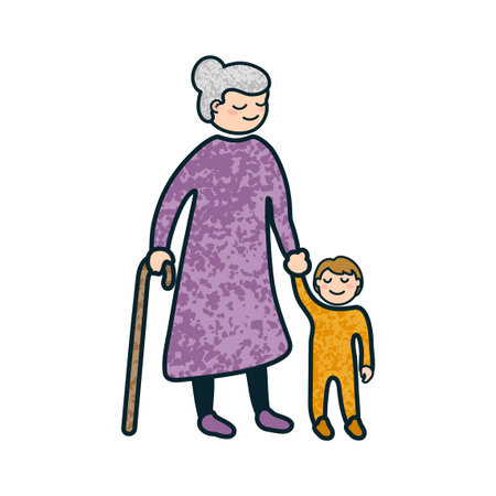 Vector Colorful Cartoon Illustration of a Grandmother With Grandson Isolated on White Backgroundのイラスト素材
