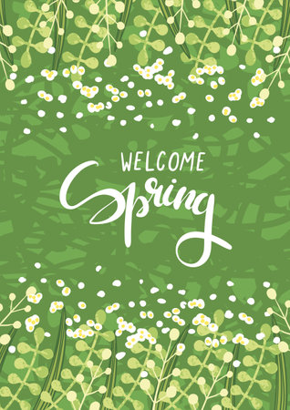 Hand Drawn Lettering - Welcome Spring on Floral Backgroundのイラスト素材