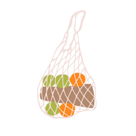 Vector Colorful Illustration of String Bag with Fruits Isolated on White Backgroundのイラスト素材
