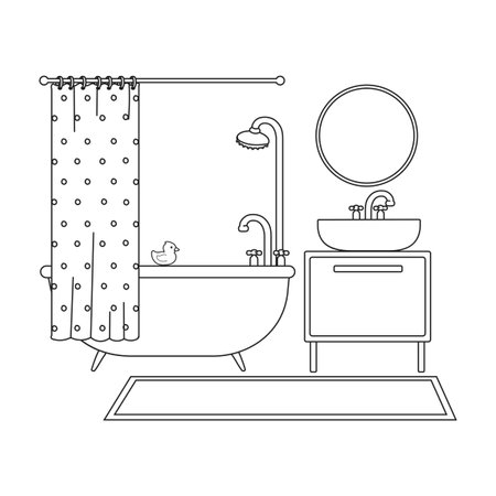 Vector Outline Illustration of Bathroom Isolated on White Backgroundのイラスト素材