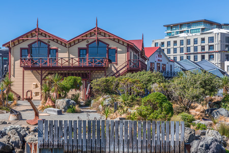 Wellington, New Zealand, February 11 2016 - Wellington waterfront lagoon, historic boat sheds (Star Boating Club 1885 and Wellington Rowing Club 1894)のeditorial素材