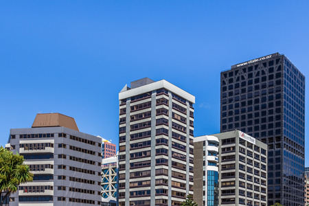 Wellington, New Zealand, February 11 2016 - Cityscape of new high-rise buildings in Wellington New Zealand, against a blue skyのeditorial素材
