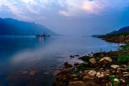 Dawn scenery at the river, Lizhuang town, Yibinの写真素材