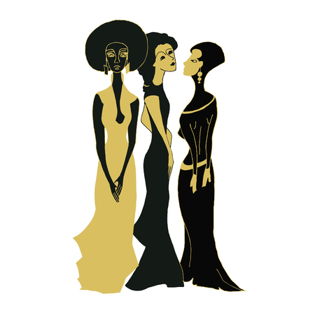 Elegant young girls in black and gold. African, Eastern and European women.のイラスト素材