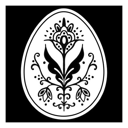 Vector illustration. Easter egg with floral ornaments. Black and white. With black background. Without background.のイラスト素材