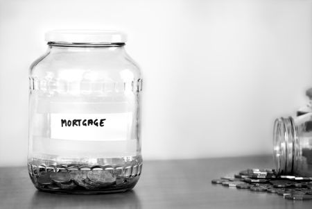 Black and white image of household budgeting jars with labels.の写真素材