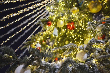 Christmas tree with decor and lightsの写真素材
